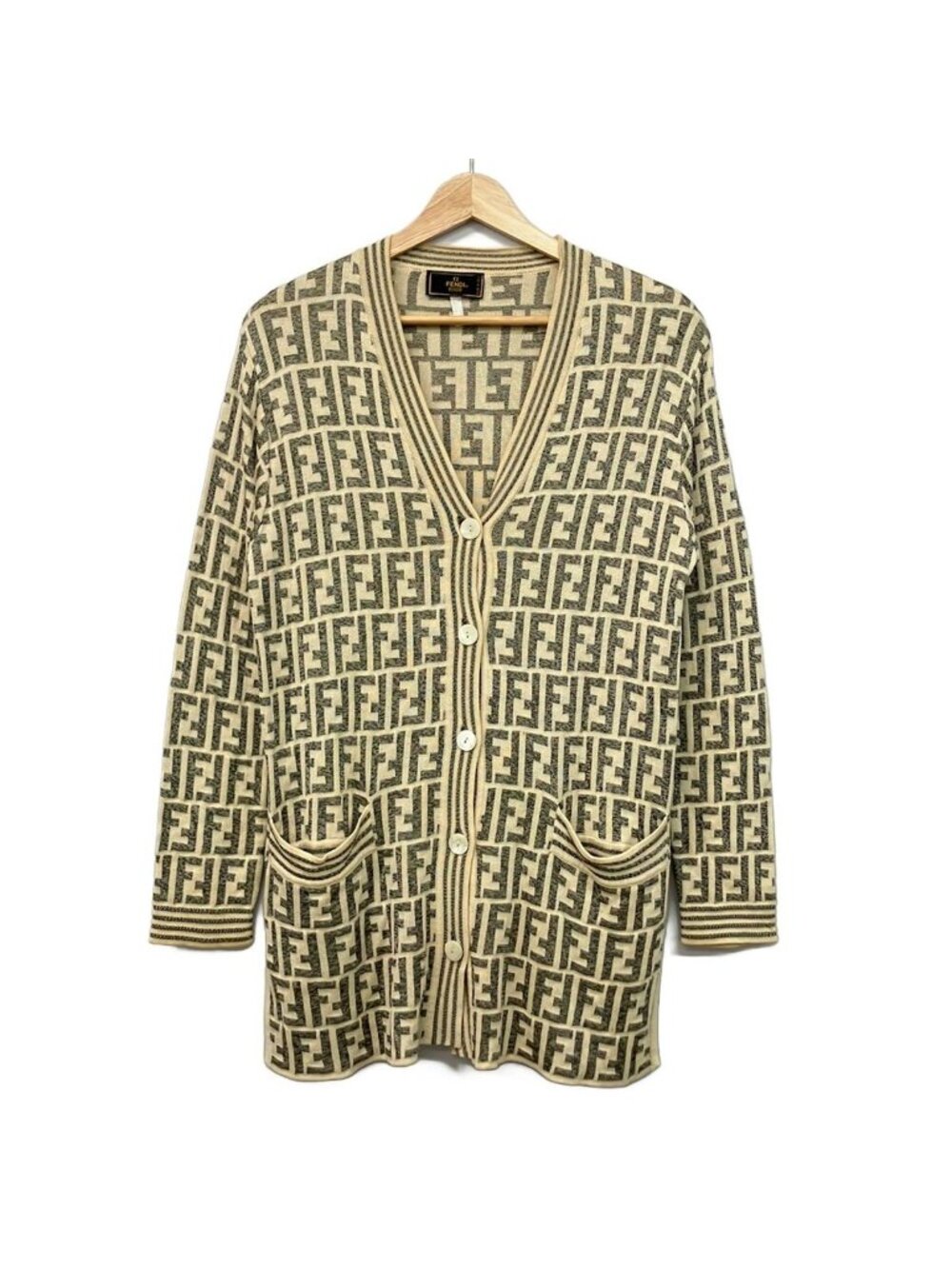 Fendi Cardigan 38 S Zucca Pattern White Dark Gray Cotton Blend
